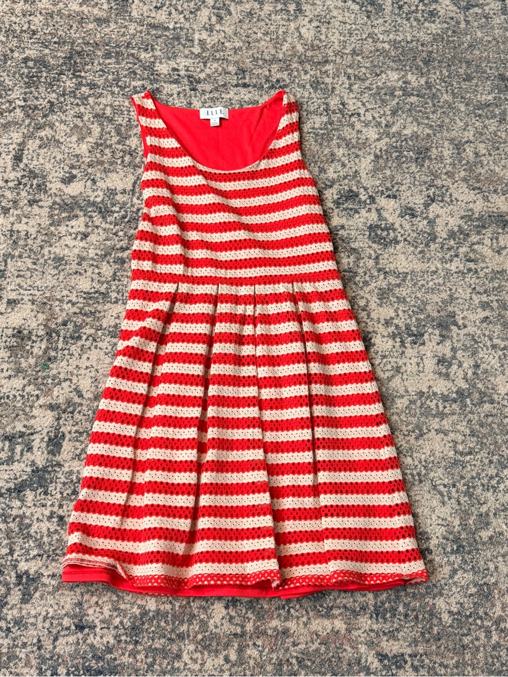 ELLE Red White Striped Fit & Flare Scoop Neck Knit Knee Dress Sleeveless 8